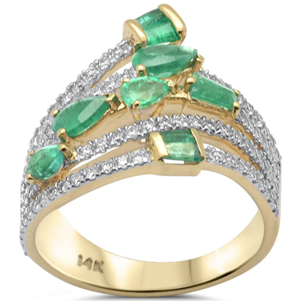 <span style="color:purple">SPECIAL!</span> 1.56ct G SI 14K Yellow Gold Diamond & Emerald Gemstones Wrap Around Band Ring Size 6.5