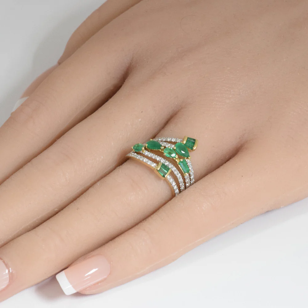 <span style="color:purple">SPECIAL!</span> 1.56ct G SI 14K Yellow Gold Diamond & Emerald Gemstones Wrap Around Band Ring Size 6.5 - Image 2