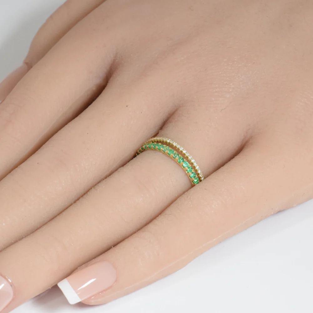 <span style="color:purple">SPECIAL!</span> .48ct G SI 14K Yellow Gold Diamond & Natural Emerald Gemstones Band Ring Size 7 - Image 2