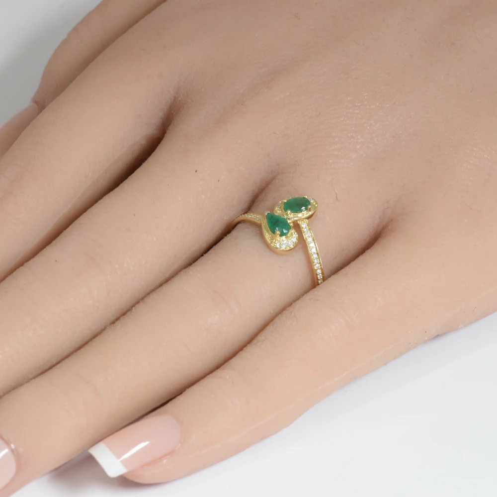<span style="color:purple">SPECIAL!</span> .46ct G SI 14K Yellow Gold Diamond & Natural Emerald Gemstones Wrap Around Band Ring Size 6.5 - Image 2