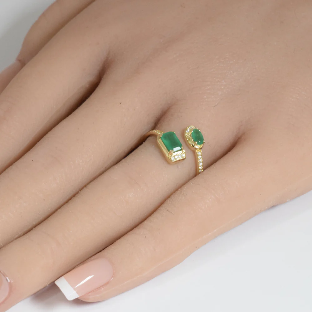 <span style="color:purple">SPECIAL!</span> .72ct G SI 14K Yellow Gold Diamond & Natural Emerald Gemstones Open Band Ring Size 6.5 - Image 2