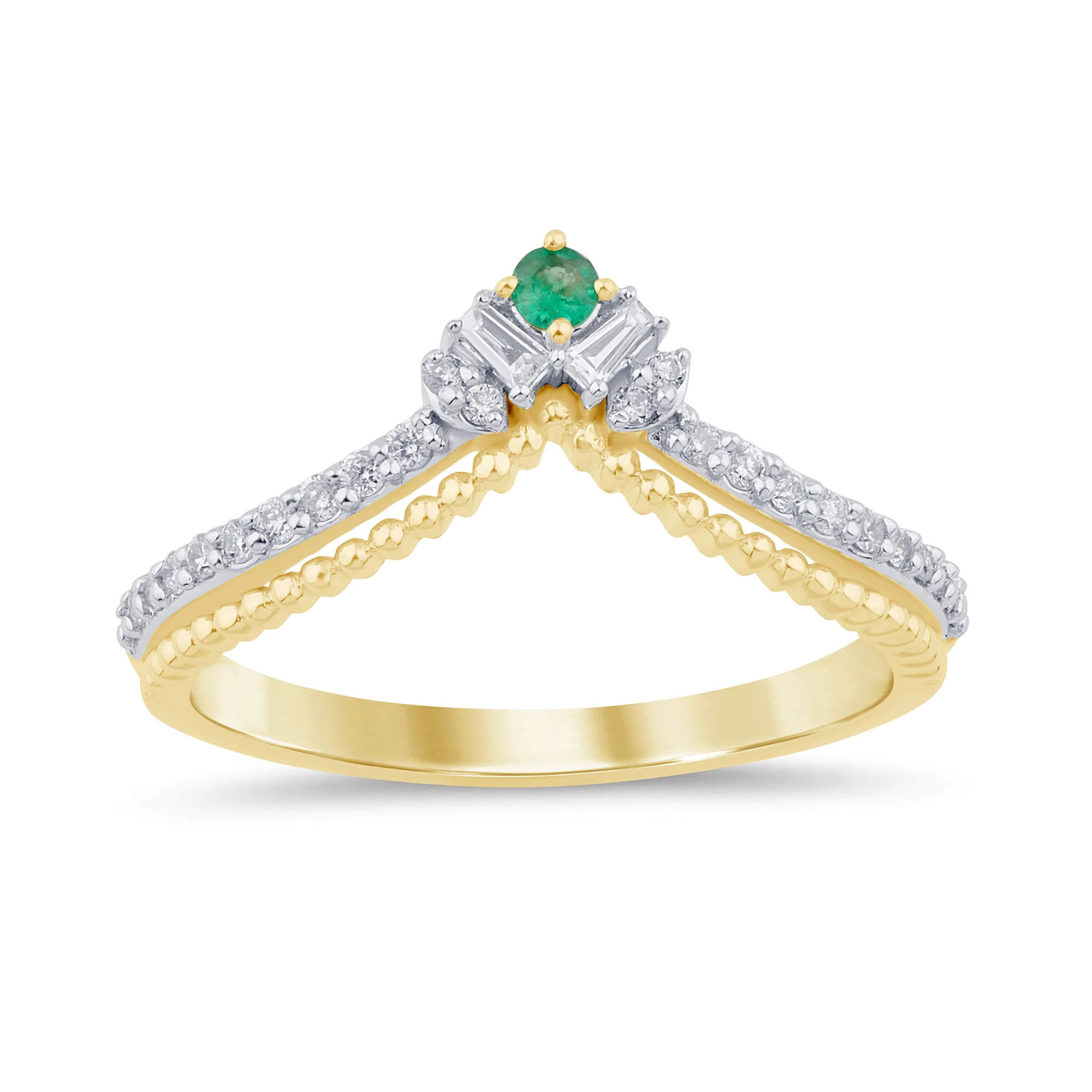 <span style="color:purple">SPECIAL!</span> .19ct G SI 14K Yellow Gold Diamond & Emerald Gemstone Beaded Chevron Ring Size 6.5