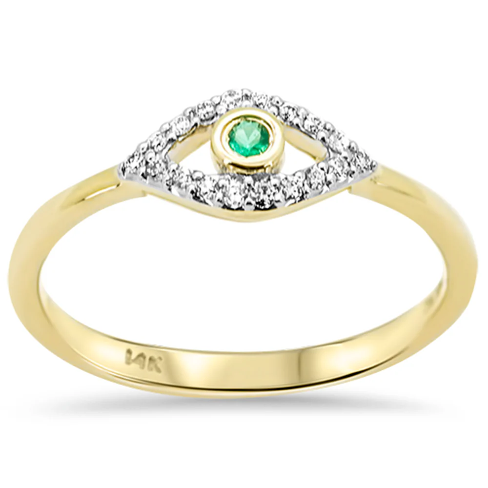 <span style="color:purple">SPECIAL!</span>.10ct G SI 14K Yellow Gold Diamond & Emerald Gemstone Evil Eye Band Ring Size 6.5