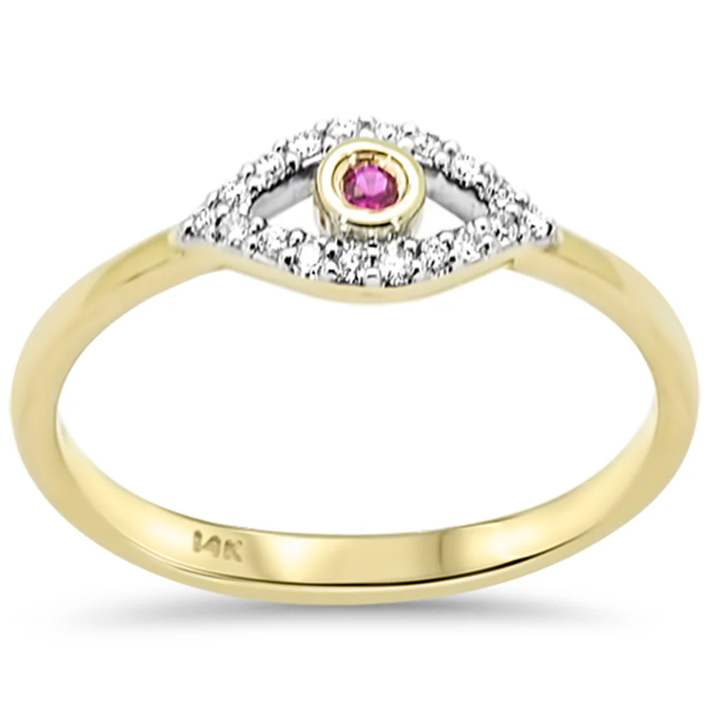 <span style="color:purple">SPECIAL!</span> .11ct G SI 14K Yellow Gold Diamond & Ruby Gemstone Evil Eye Ring Size 6.5