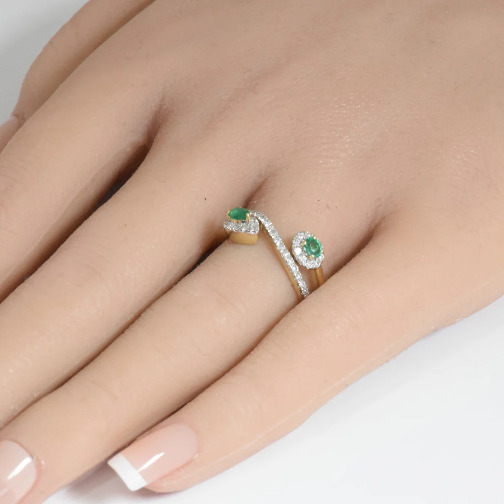 <span style="color:purple">SPECIAL!</span> .59ct G SI 14K Yellow Gold Diamond & Emerald Double Shank Band Ring Size 6.5 - Image 2