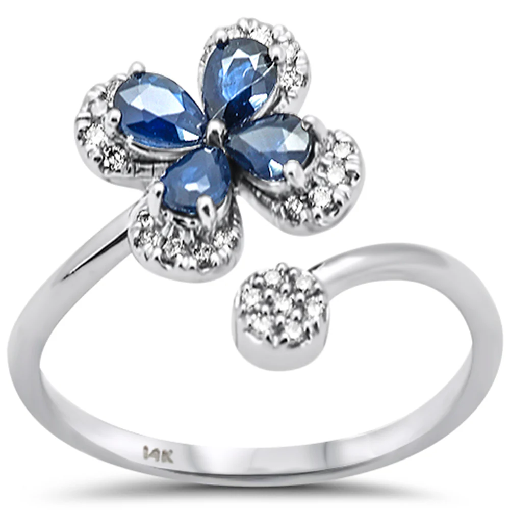 <span style="color:purple">SPECIAL!</span> .94ct G SI 14K White Gold Diamond & Blue Sapphire Gemstones Flower Band Ring Size 6.5