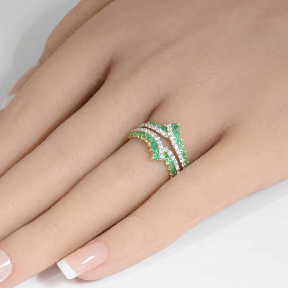 <span style="color:purple">SPECIAL!</span> 1.02ct G SI 14K Yellow Gold Diamond & Emerald Gemstones Double Shank Band Ring Size 6.5 - Image 2