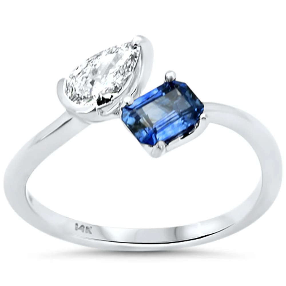 <span style="color:purple">SPECIAL!</span> .86ct G SI 14K White Gold Two Stone Pear Shape Diamond & Blue Sapphire Ring Size 6.5