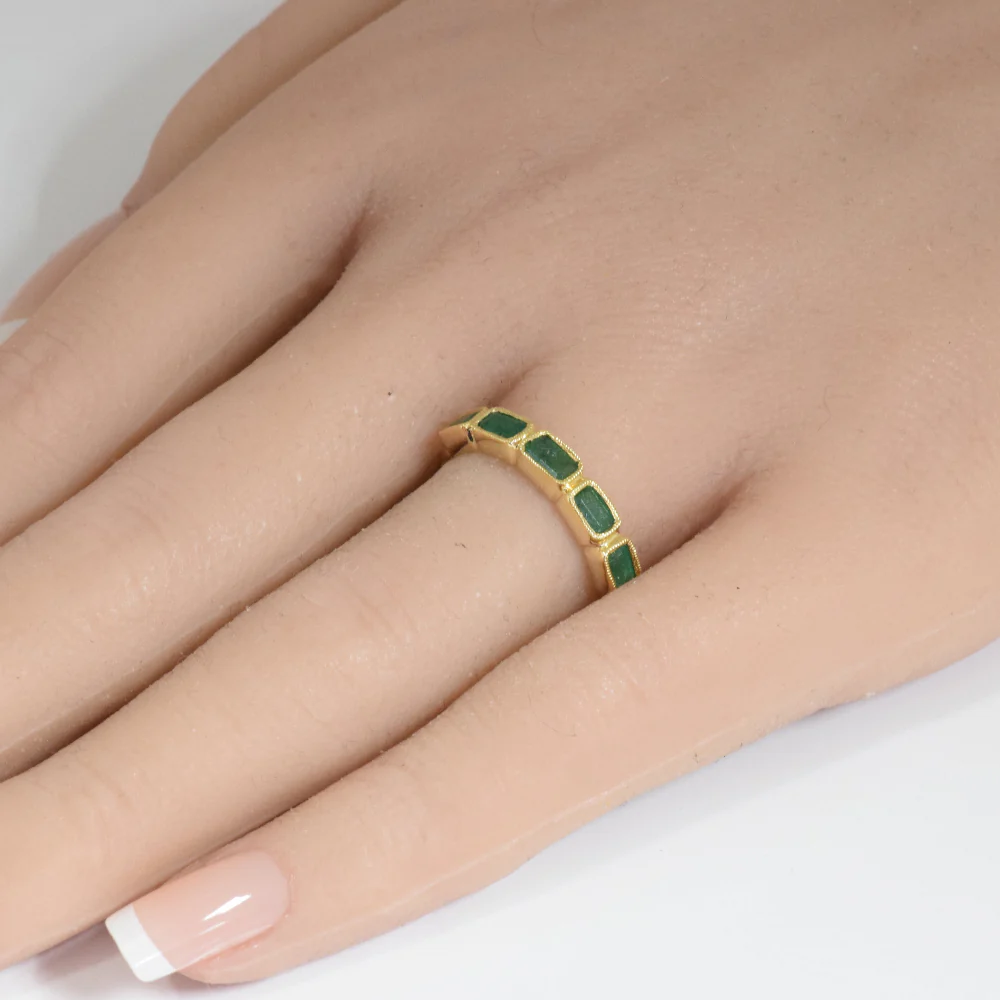 <span style="color:purple">SPECIAL!</span> 1.13ct G SI 14K Yellow Gold 5 Natural Emerald Gemstone Band Ring Size 6.5 - Image 2