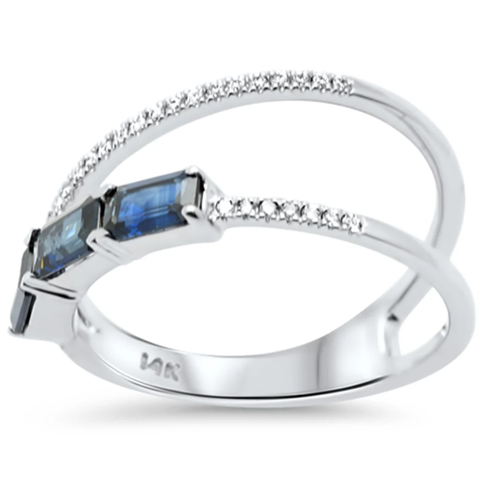 <span style="color:purple">SPECIAL!</span> .94ct G SI 14K White Gold Round Diamond & Blue Sapphire Gemstone Double Shank Band Ring Size 6.5