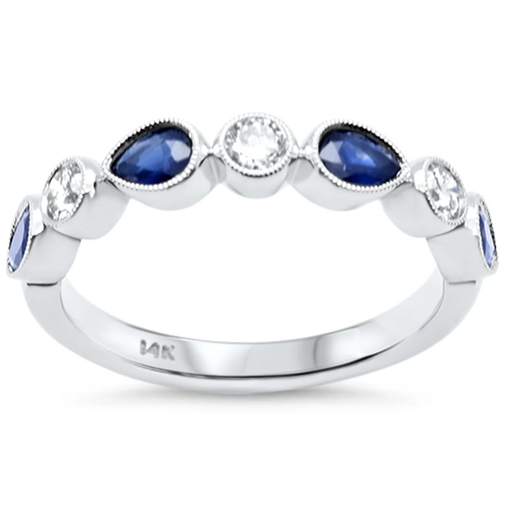 <span style="color:purple">SPECIAL!</span> .90ct G SI 14K White Gold Round Diamond & Blue Sapphire Gemstone Band Ring Size 6.5