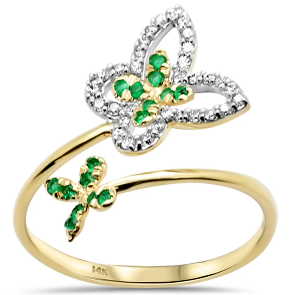 <span style="color:purple">SPECIAL!</span> .29ct G SI 14K Yellow Gold Diamond & Emerald Gemstones Butterfly Ring Size 6.5