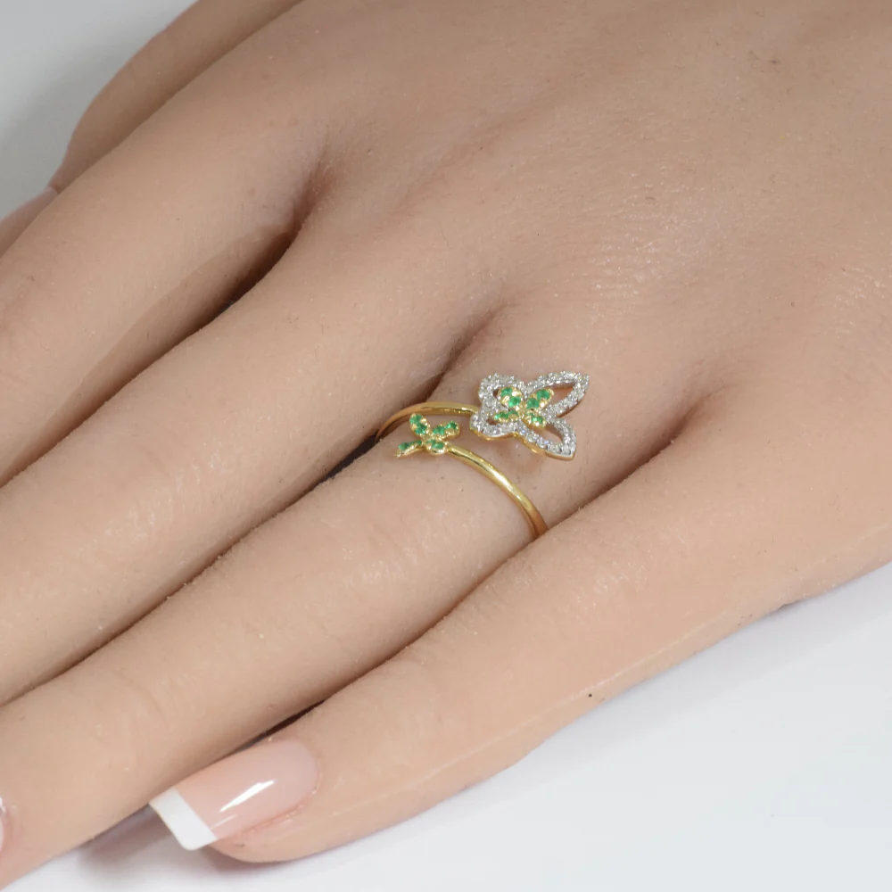 <span style="color:purple">SPECIAL!</span> .29ct G SI 14K Yellow Gold Diamond & Emerald Gemstones Butterfly Ring Size 6.5 - Image 2