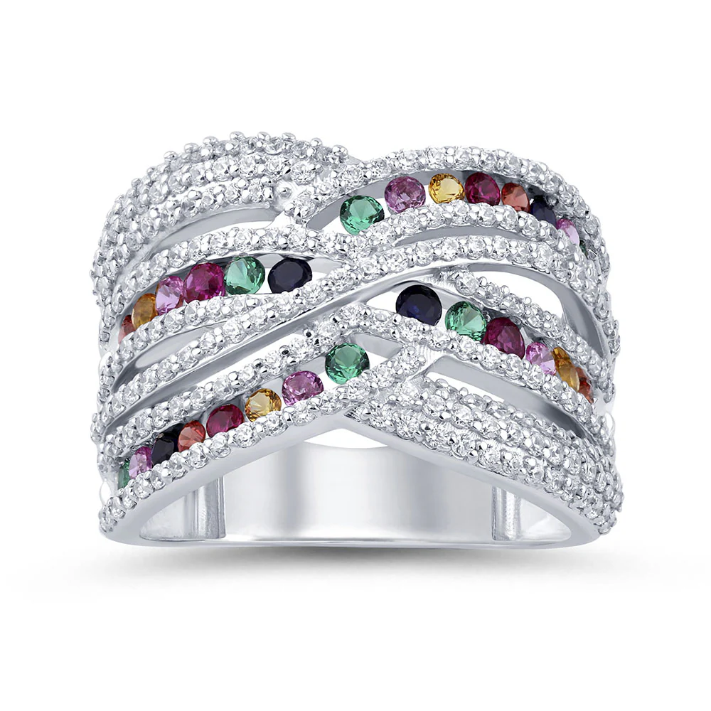 <span style="color:purple">SPECIAL!</span> 1.53ct G SI 14K White Gold Diamond & Multi Color Gemstone Dome Ring Size 6.5
