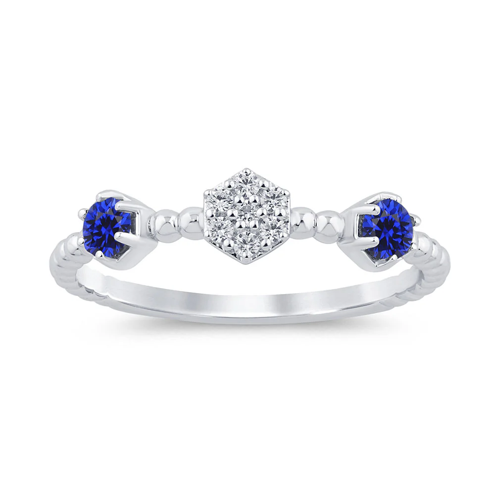 .26ct G SI 14K White Gold Diamond & Blue Sapphire Gemstone Beaded Ring Band Size 6.5