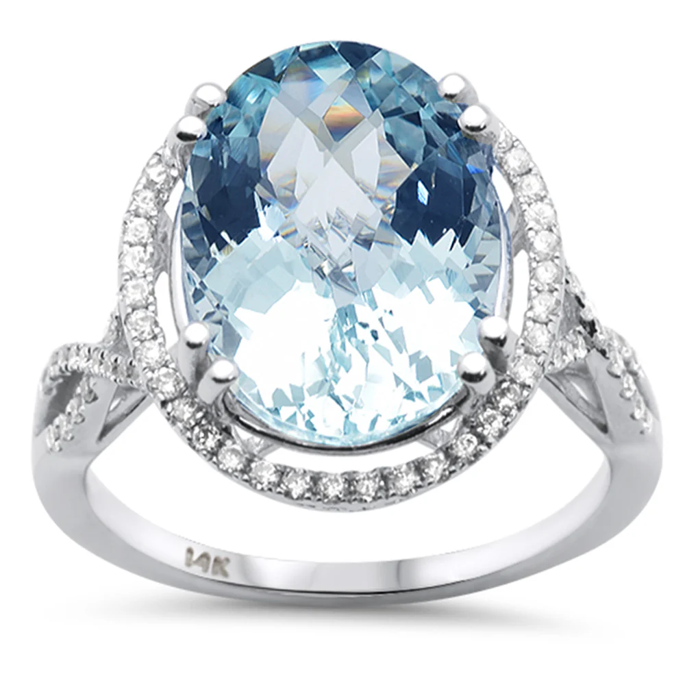 <span style="color:purple">SPECIAL!</span>6.21ct G SI 14K White Gold Diamond & Oval Shape Aquamarine Gemstone Ring Size 6.5