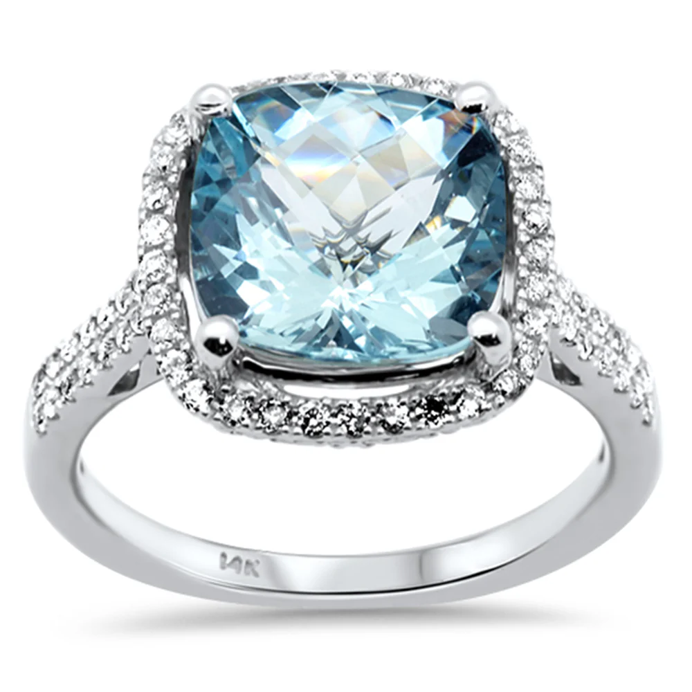 <span style="color:purple">SPECIAL!</span>4.07ct G SI 14K White Gold Diamond & Cushion Shape Aquamarine Gemstone Ring Size 6.5