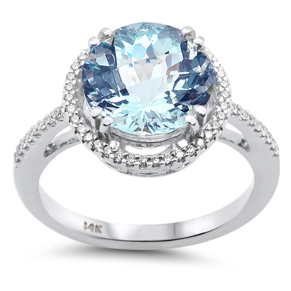 <span style="color:purple">SPECIAL!</span>3.45ct G SI 14K White Gold Diamond & Round Shape Aquamarine Gemstone Halo Ring Size 6.5