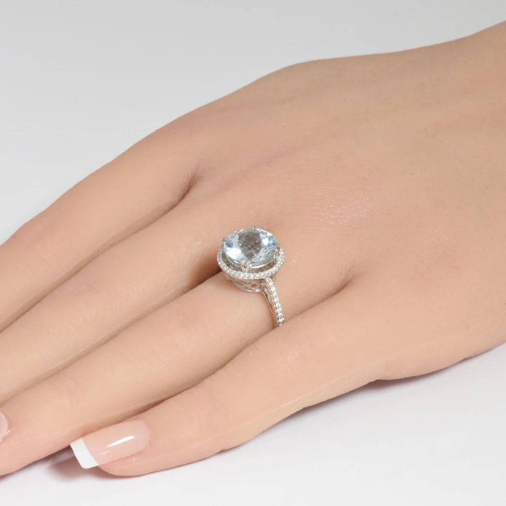 <span style="color:purple">SPECIAL!</span>3.45ct G SI 14K White Gold Diamond & Round Shape Aquamarine Gemstone Halo Ring Size 6.5 - Image 2