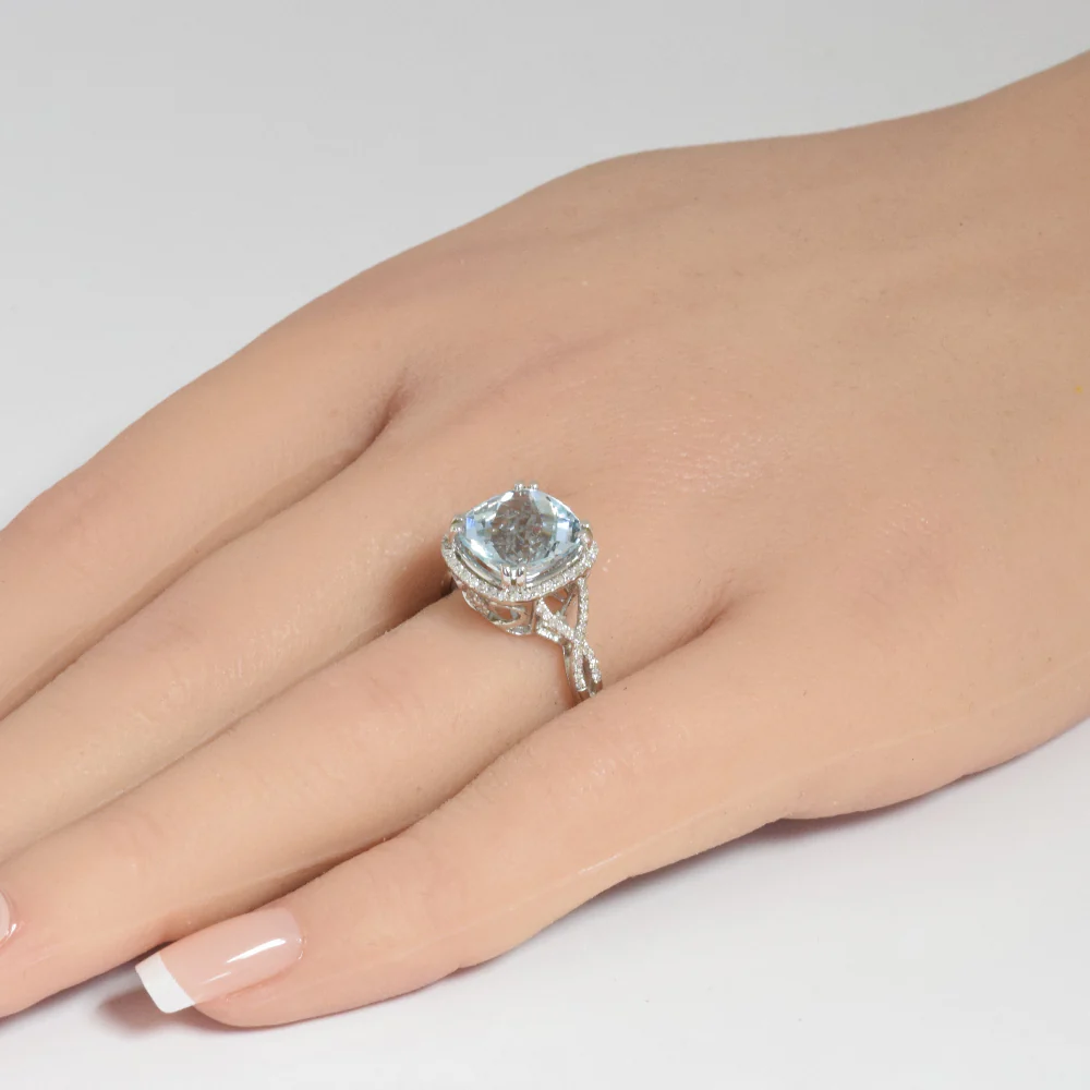 <span style="color:purple">SPECIAL!</span>4.30ct G SI 14K White Gold Diamond & Cushion Shape Aquamarine Gemstone Ring Size 6.5 - Image 2