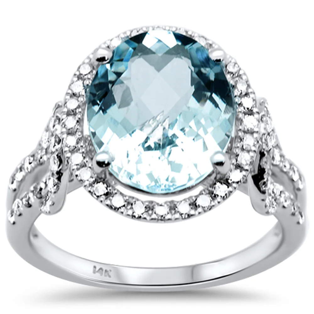 <span style="color:purple">SPECIAL!</span>4.45ct G SI 14K White Gold Diamond & Oval Shape Aquamarine Gemstone Ring Size 6.5