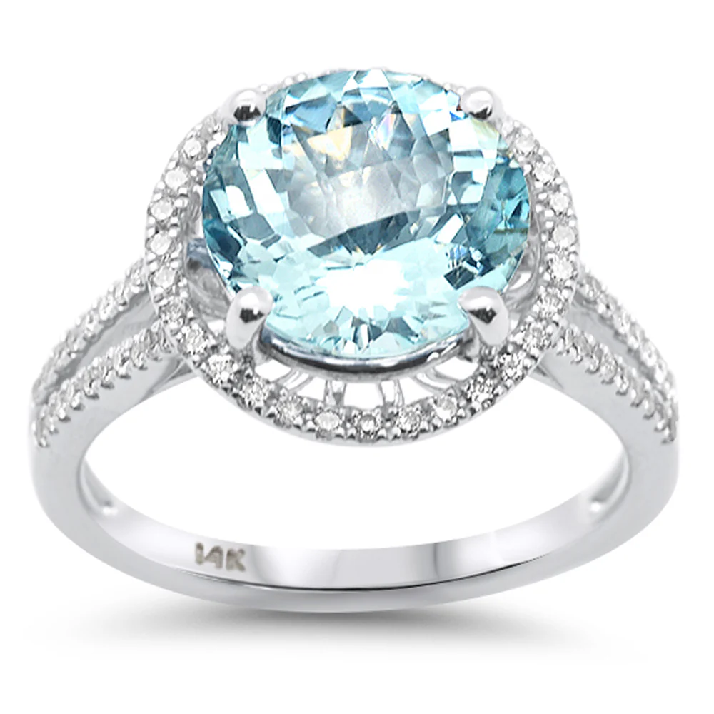 <span style="color:purple">SPECIAL!</span>3.15ct G SI 14K White Gold Diamond & Round Shape Aquamarine Gemstone Halo Ring Size 6.5