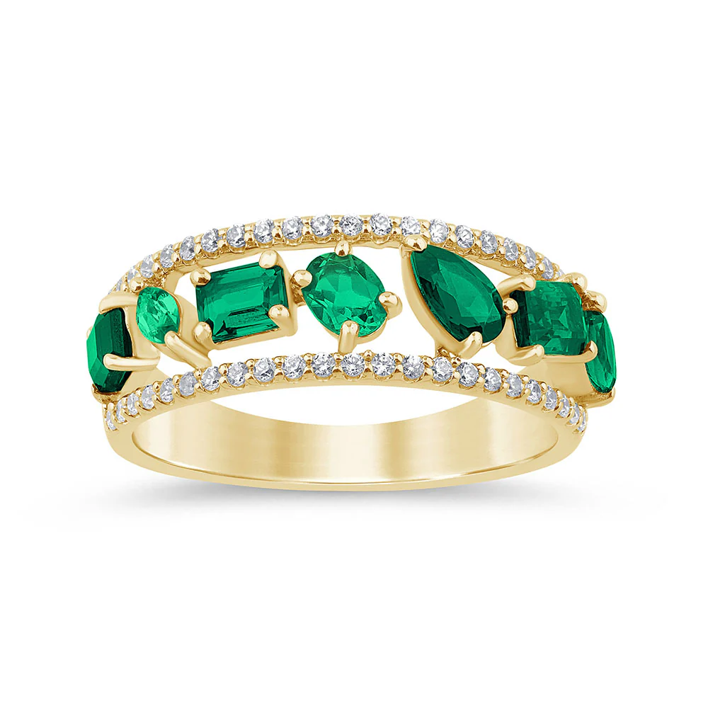 <span style="color:purple">SPECIAL!</span> 1.28ct G SI 14K Yellow Gold Diamond & Emerald Gemstone Ring Band Size 6.5