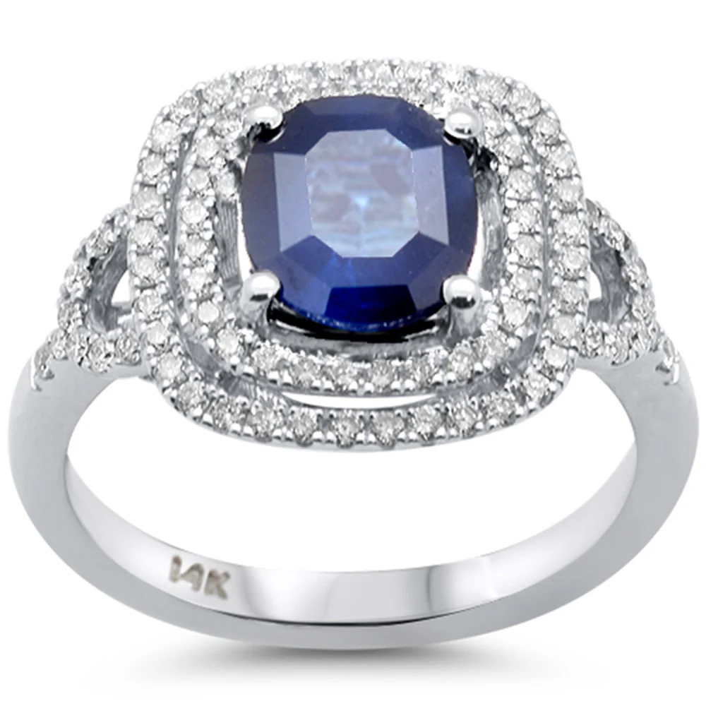<span style="color:purple">SPECIAL!</span> 2.49ct G SI 14K White Gold Diamond & Blue Sapphire Gemstone Double Halo Ring Size 6.5