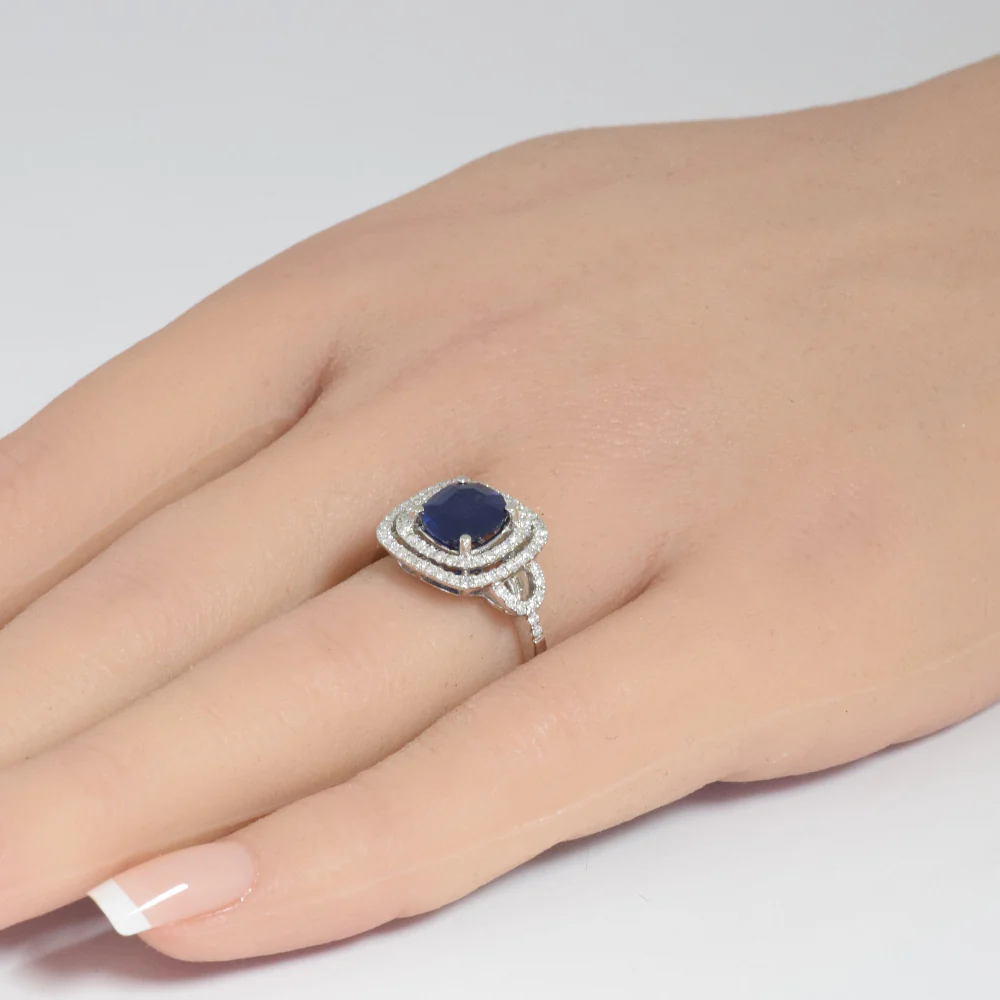 <span style="color:purple">SPECIAL!</span> 2.49ct G SI 14K White Gold Diamond & Blue Sapphire Gemstone Double Halo Ring Size 6.5 - Image 2