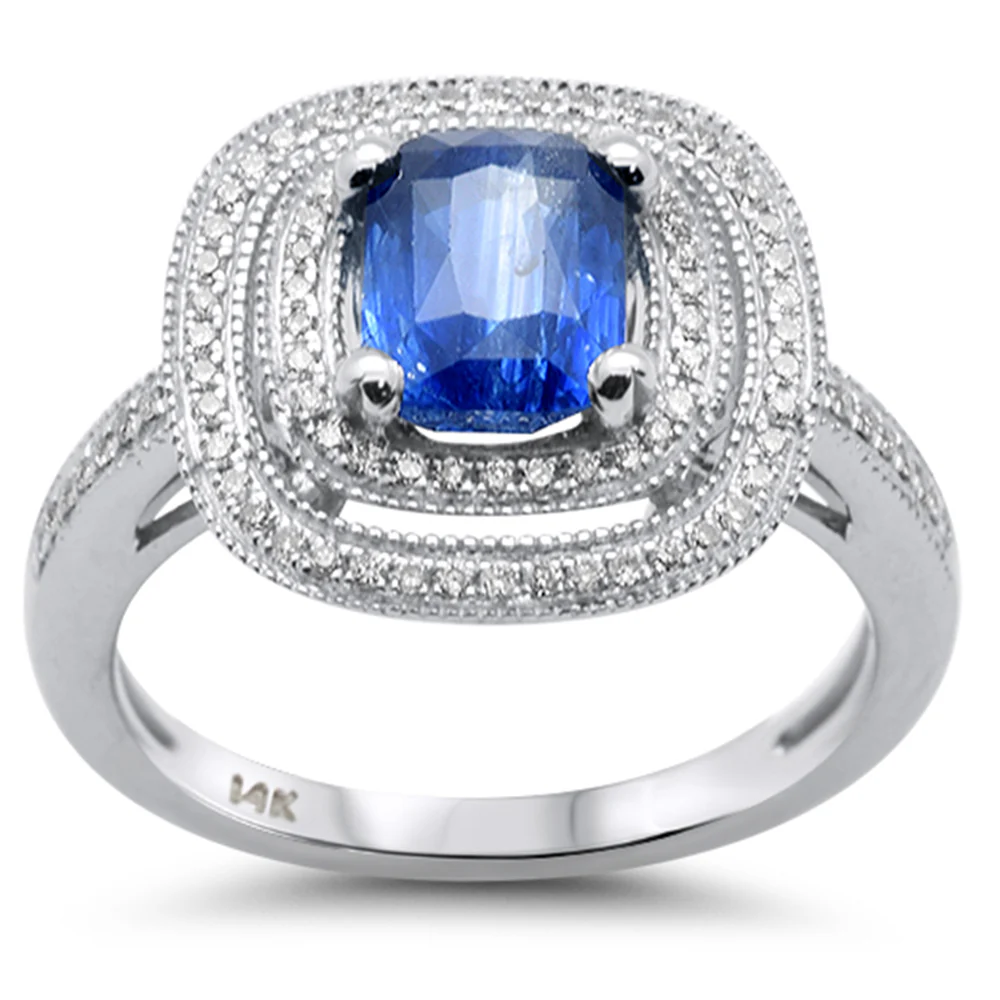 <span style="color:purple">SPECIAL!</span> 2.51ct G SI 14K White Gold Diamond & Blue Sapphire Gemstone Double Halo Ring Size 6.5