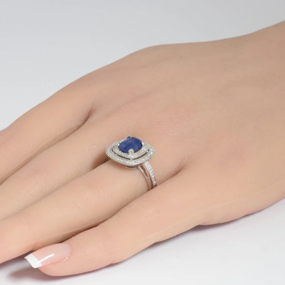 <span style="color:purple">SPECIAL!</span> 2.51ct G SI 14K White Gold Diamond & Blue Sapphire Gemstone Double Halo Ring Size 6.5 - Image 2