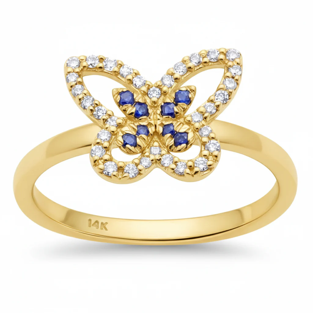 <span style="color:purple">SPECIAL!</span> .22ct G SI 14K Yellow Gold Round Diamond & Blue Sapphire Gemstone Butterfly Ring Size 6.5