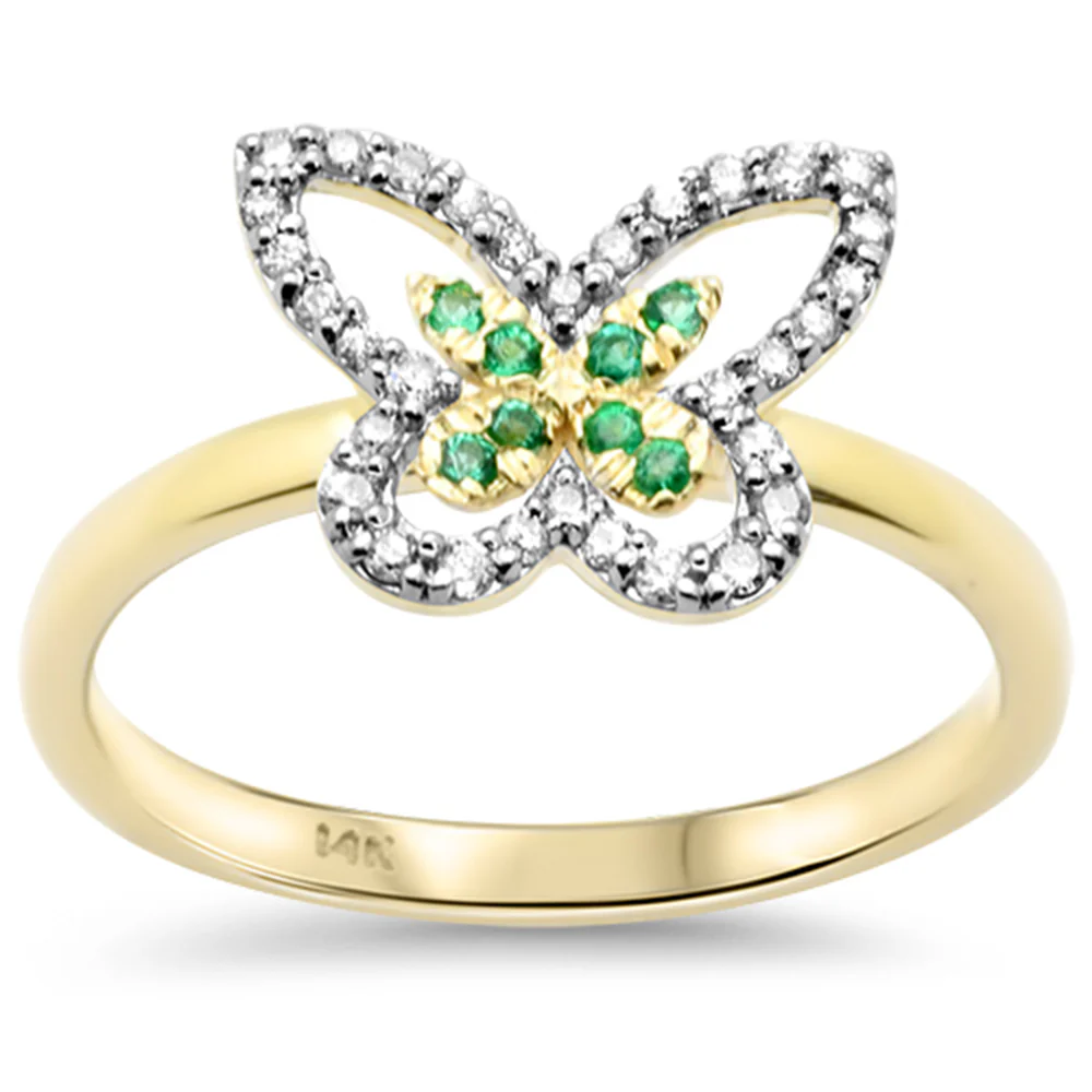 <span style="color:purple">SPECIAL!</span>.19ct G SI 14K Yellow Gold Diamond & Emerald Gemstone Butterfly Ring Size 6.5
