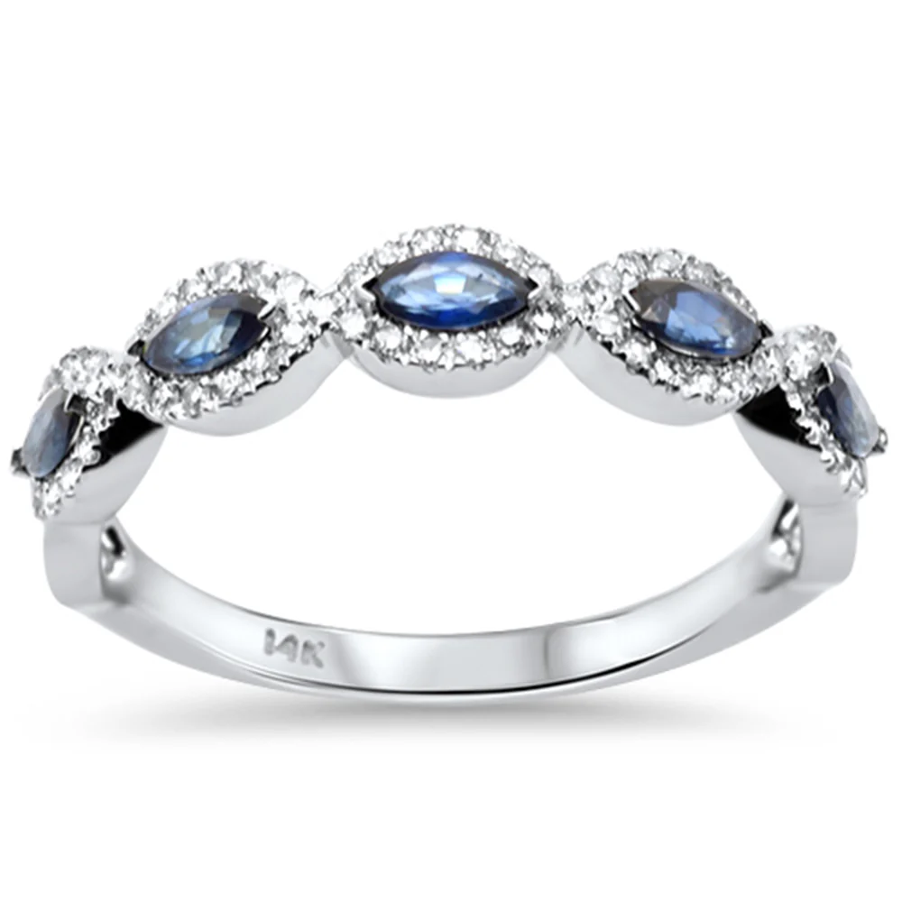 <span style="color:purple">SPECIAL!</span> .70ct G SI 14K White Gold Diamond & Blue Sapphire Gemstone Evil Eye Band Ring Size 6.5