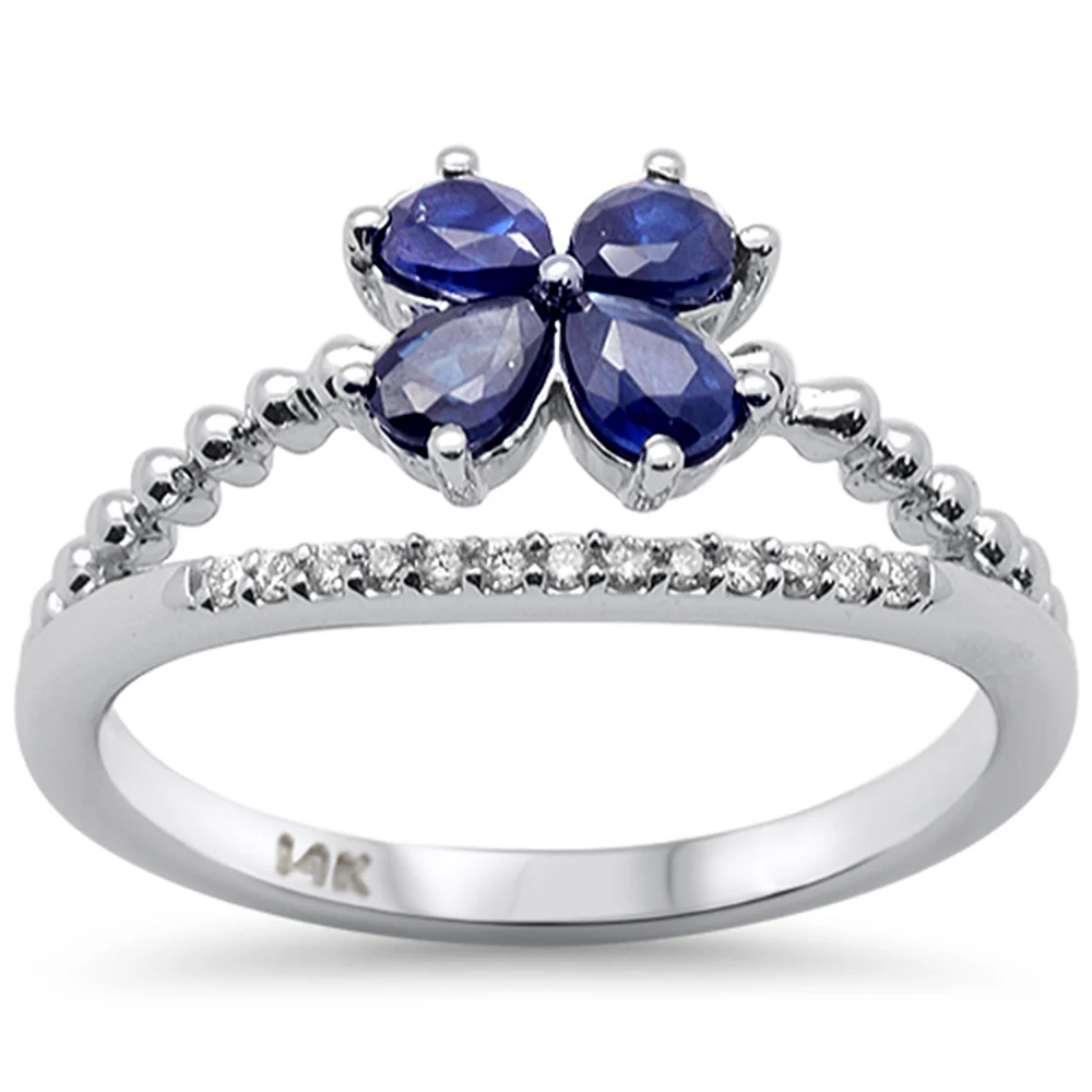 <span style="color:purple">SPECIAL!</span>.83ct G SI 14K White Gold Diamond & Pear Shape Blue Sapphire Gemstone Flower Ring Size 6.5