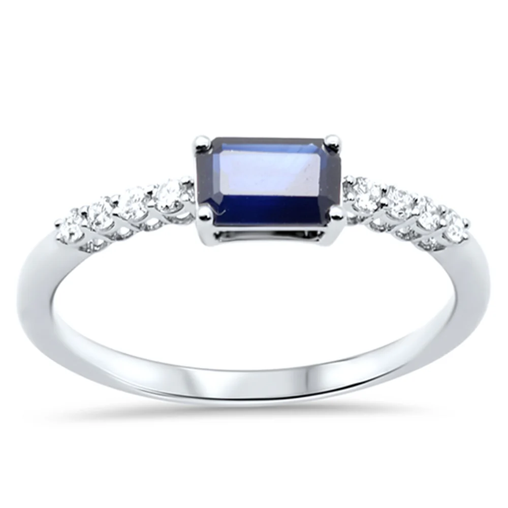 <span style="color:purple">SPECIAL!</span>.73ct G SI 14K White Gold Diamond & Emerald Cut Blue Sapphire Gemstone Ring Size 6.5