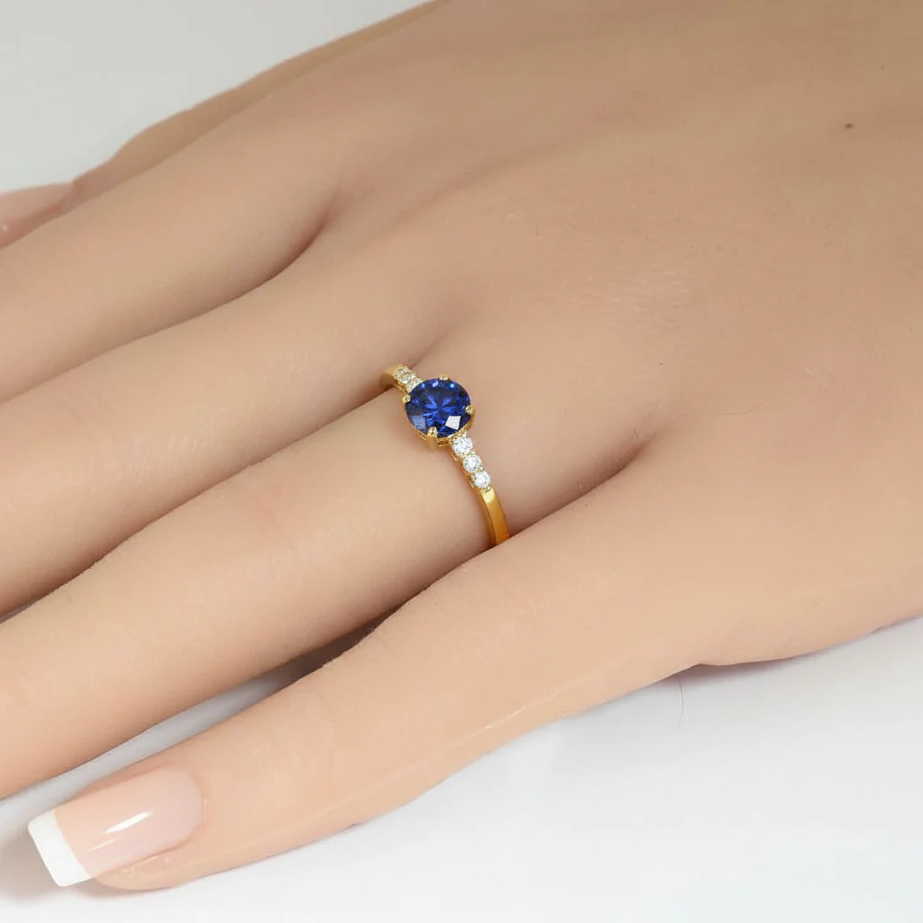 <span style="color:purple">SPECIAL!</span> .72ct G SI 14K Yellow Gold Diamond  & Round Blue Sapphire Gemstone Ring Size 6.5 - Image 2