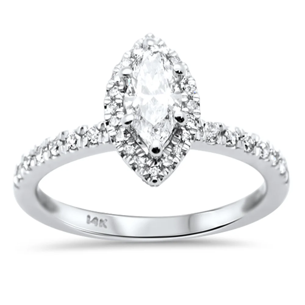 <span style="color:purple">SPECIAL!</span>.90ct G SI 14K White Gold Marquee Shape Halo Diamond Engagement Ring Size 6.5