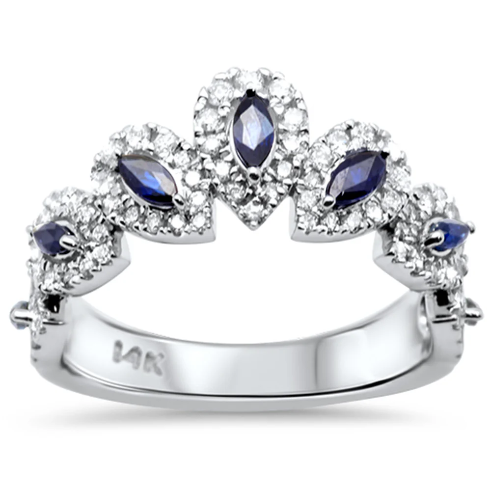 <span style="color:purple">SPECIAL!</span>1.05ct G SI 14K White Gold Diamond & Marquise Shape Blue Sapphire Gemstone Band Ring Size 6.5