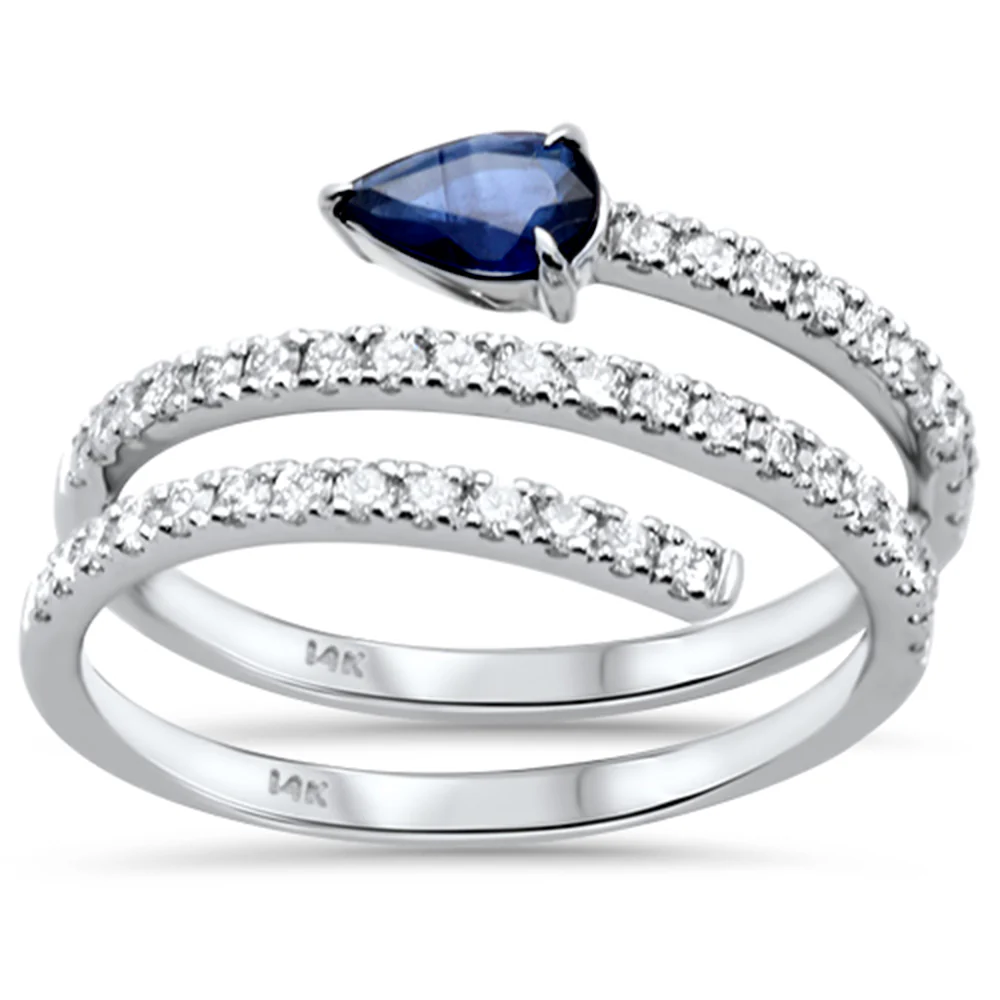 <span style="color:purple">SPECIAL!</span> 1.15ct G SI 14K White Gold Diamond & Pear Shape Blue Sapphire Gemstone Wrap Around Ring Size 6.5