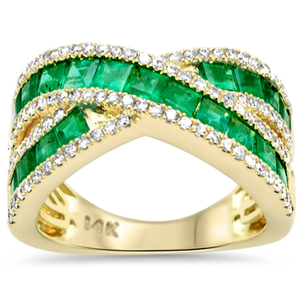 <span style="color:purple">SPECIAL!</span>2.43ct G SI 14K Yellow Gold Diamond & Emerald Gemstone Criss Cross Ring Size 6.5
