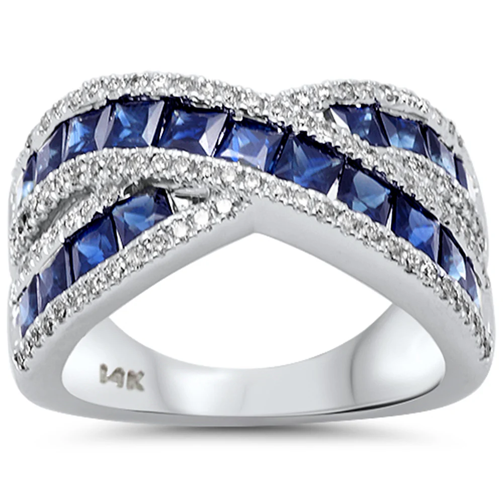 <span style="color:purple">SPECIAL!</span>3.39ct G SI 14K White Gold Diamond & Blue Sapphire Gemstone Criss Cross Ring Size 6.5