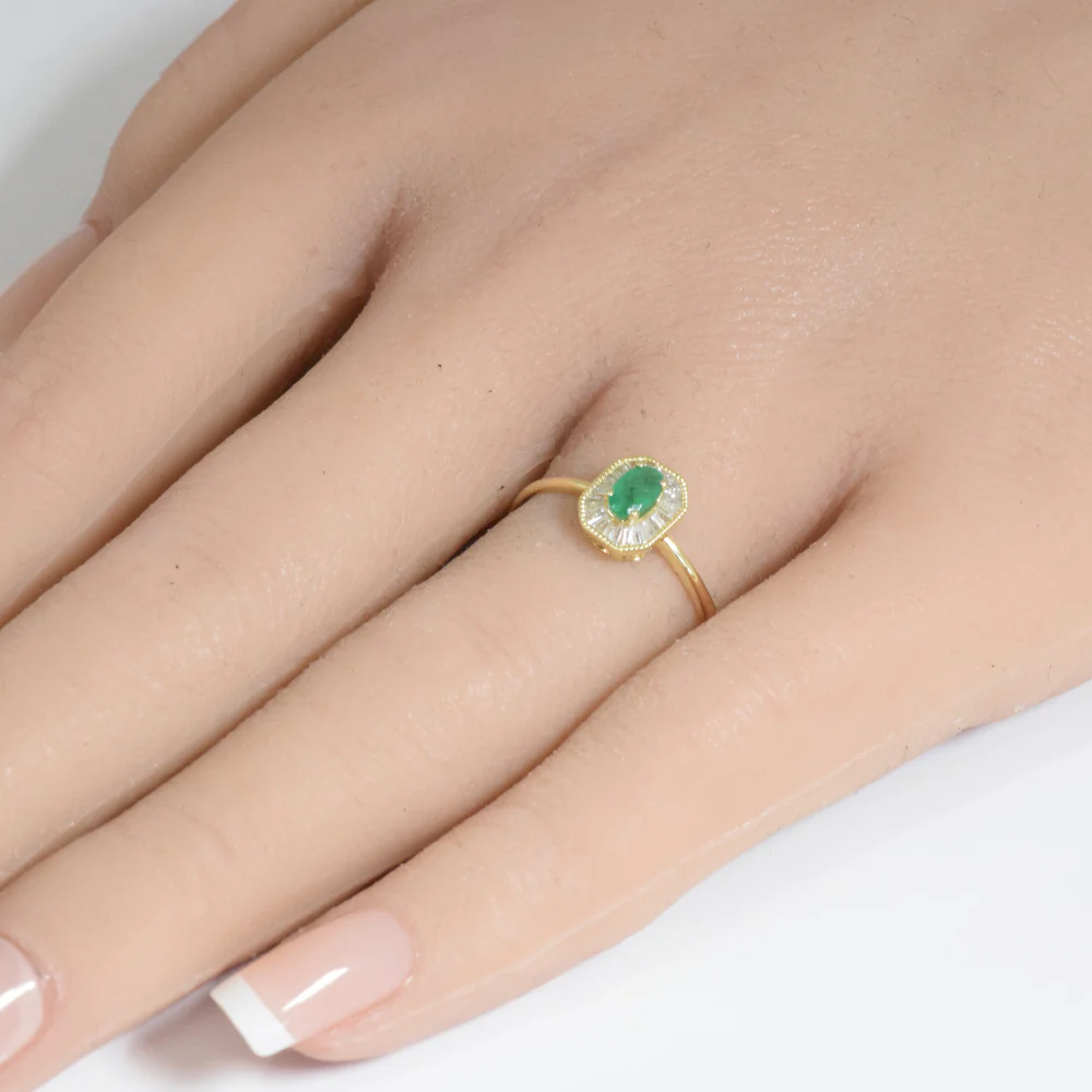 <span style="color:purple">SPECIAL!</span>.45ct G SI 14K Yellow Gold Baguette Diamond & Emerald Gemstone Ring Size 6.5 - Image 2