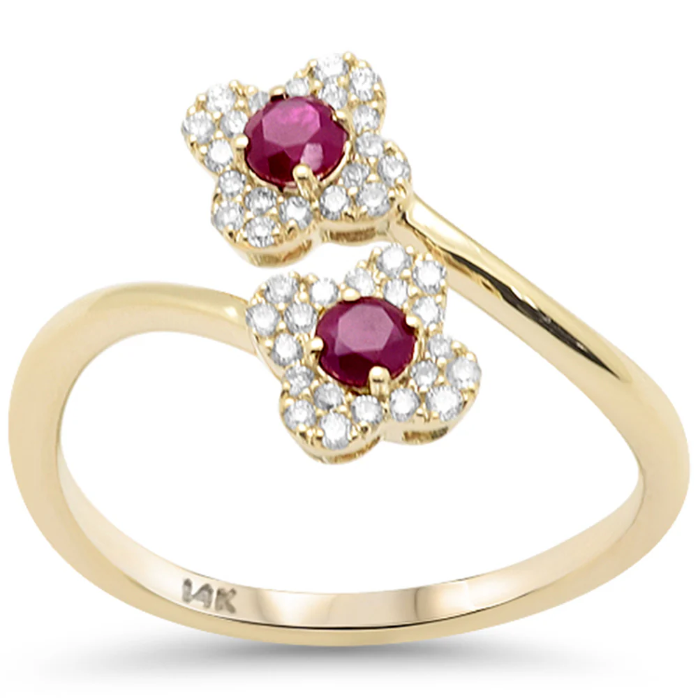 <span style="color:purple">SPECIAL!</span>.48ct G SI 14K Yellow Gold Diamond & Ruby Gemstone Clover Style Ring Size 6.5