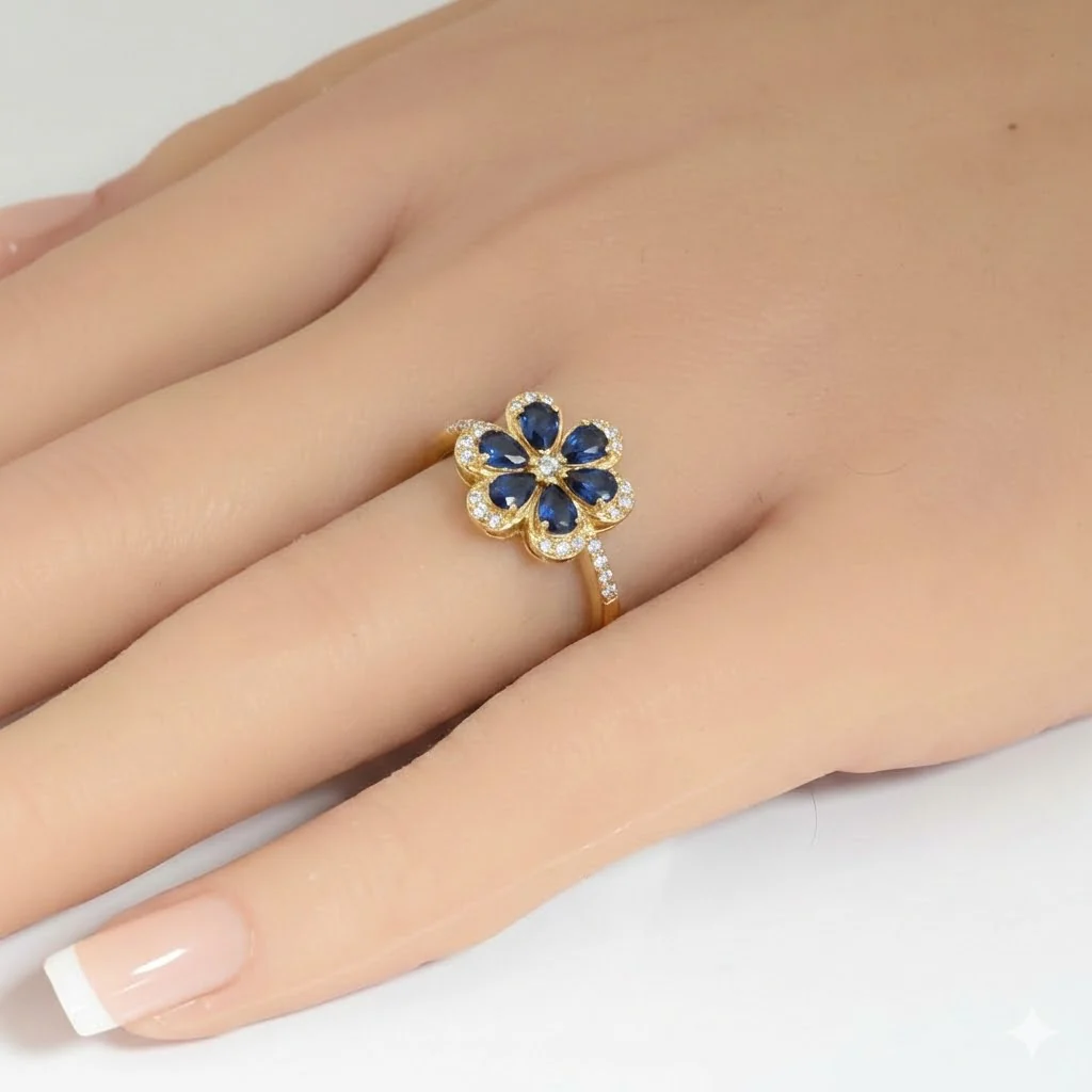 <span style="color:purple">SPECIAL!</span> 1.37ct G SI 14K Yellow Gold Diamond & Blue Sapphire Gemstone Flower Ring Size 6.5 - Image 2
