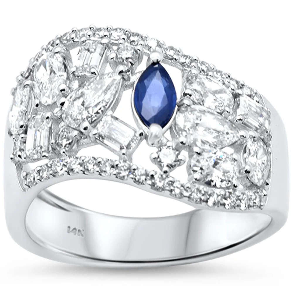 <span style="color:purple">SPECIAL!</span>1.93ct G SI 14K White Gold Multi Shape Diamond & Blue Sapphire Gemstone Ring Band Size 6.5