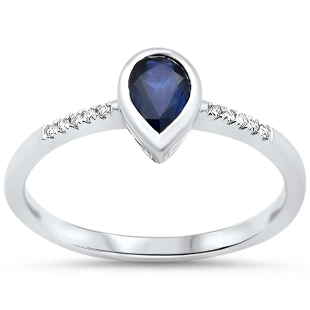 <span style="color:purple">SPECIAL!</span>.46ct G SI 14KT White Gold Diamond & Pear Shape Blue Sapphire Gemstone Ring Size 6.5