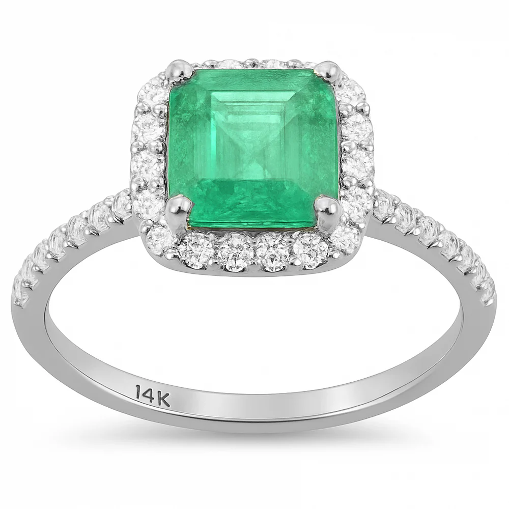 <span style="color:purple">SPECIAL!</span> 1.86ct G SI 14K White Gold Cushion Shape Emerald Gemstone & Diamond Ring Size 6.5