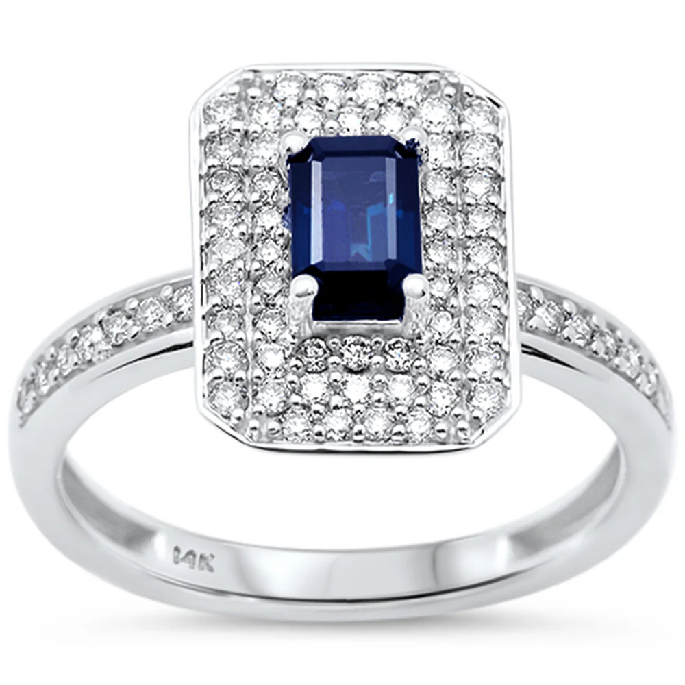 <span style="color:purple">SPECIAL!</span> 1.32ct G SI 14K White Gold Emerald Cut Blue Sapphire & Diamond Gemstone ring Size 6.5