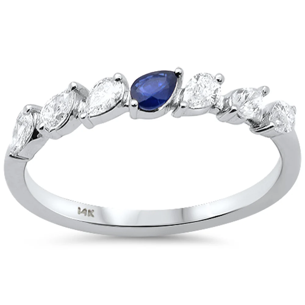 <span style="color:purple">SPECIAL!</span> .45ct G SI 14K White Gold Pear Shape Diamond & Blue Sapphire Gemstone Band Ring Size 6.5